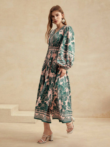 Anewsta Women's Casual Holiday Green Floral Puff Sleeve Dress