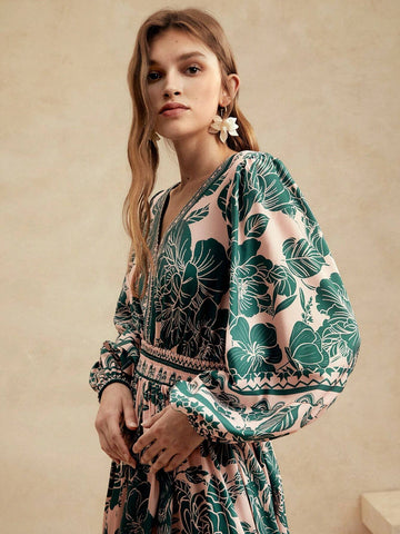 Anewsta Women's Casual Holiday Green Floral Puff Sleeve Dress