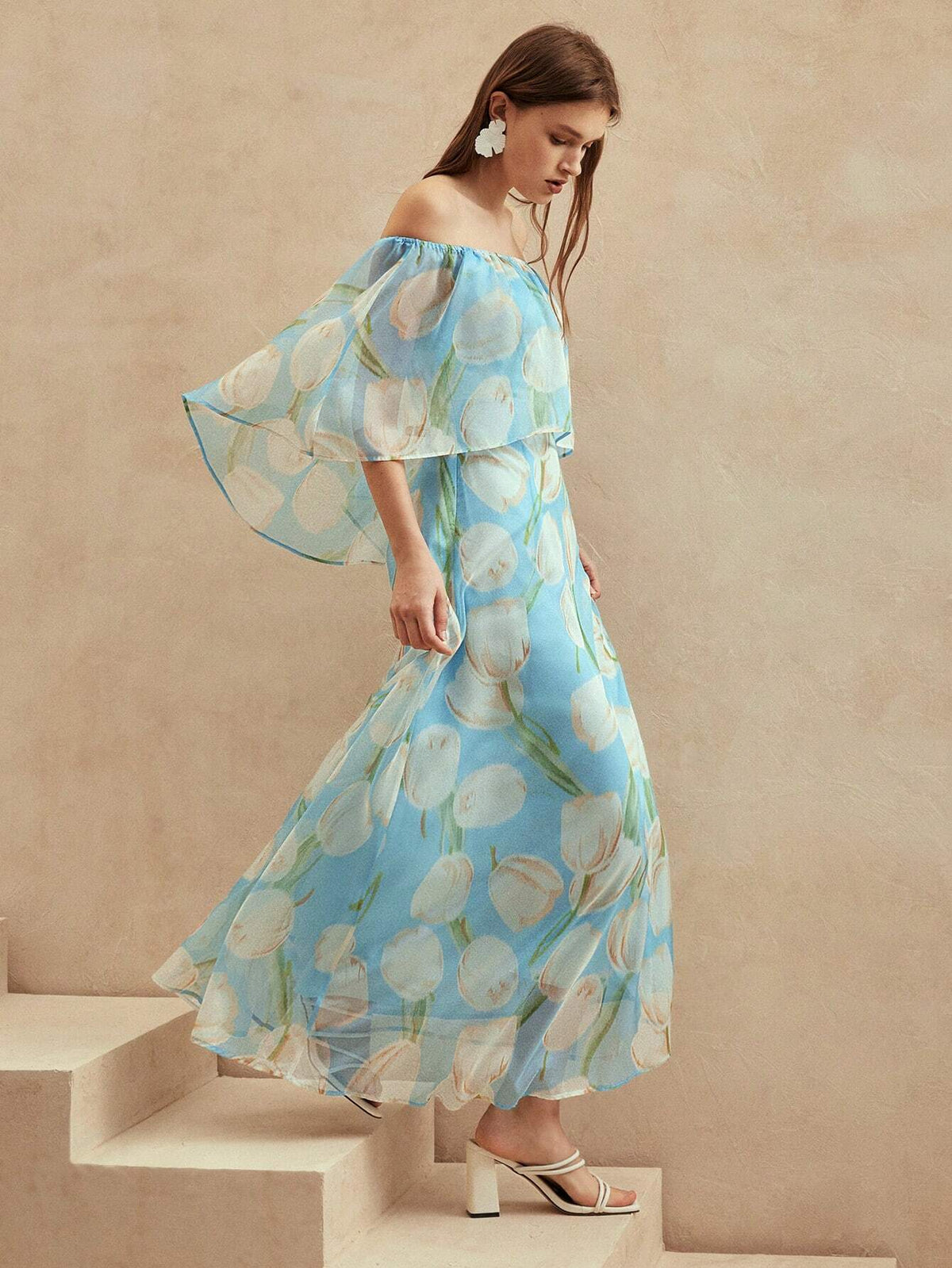 Anewsta Women's Casual Holiday Off Shoulder Blue Romantic Floral Dress