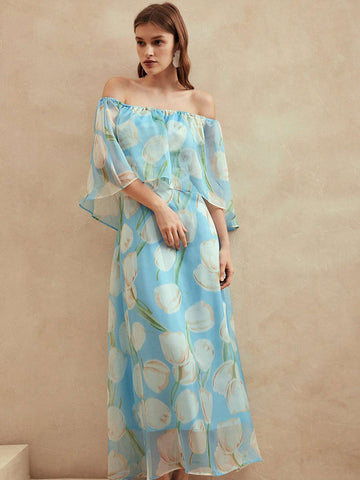 Anewsta Women's Casual Holiday Off Shoulder Blue Romantic Floral Dress