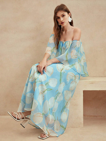 Anewsta Women's Casual Holiday Off Shoulder Blue Romantic Floral Dress