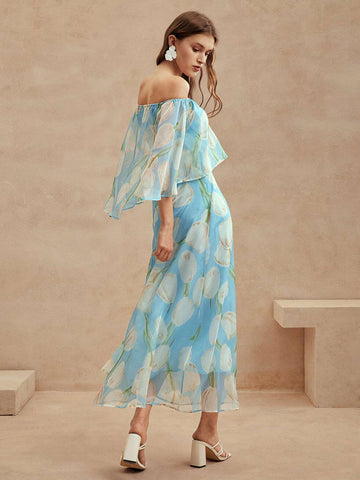 Anewsta Women's Casual Holiday Off Shoulder Blue Romantic Floral Dress