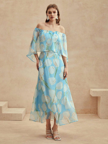 Anewsta Women's Casual Holiday Off Shoulder Blue Romantic Floral Dress