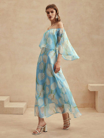 Anewsta Women's Casual Holiday Off Shoulder Blue Romantic Floral Dress