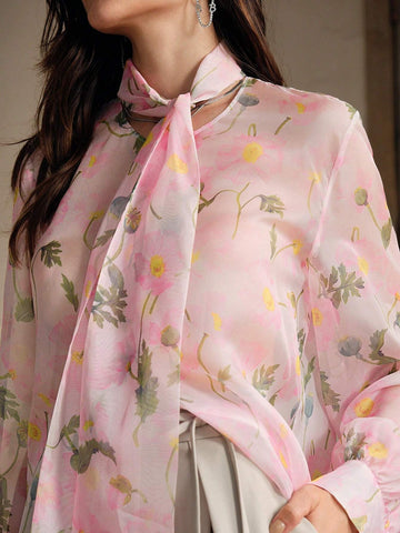 Anewsta Women's Casual Outing Pink Floral Lantern Sleeve Top With Tie Front