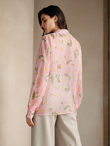 Anewsta Women's Casual Outing Pink Floral Lantern Sleeve Top With Tie Front