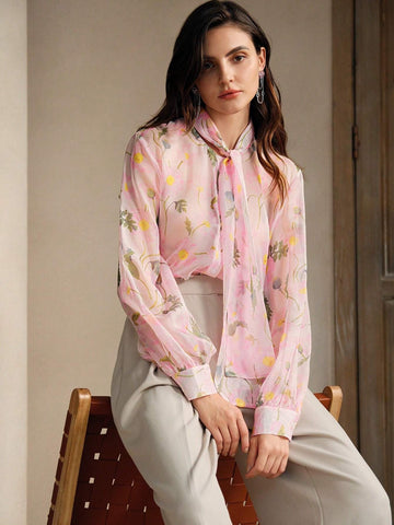 Anewsta Women's Casual Outing Pink Floral Lantern Sleeve Top With Tie Front