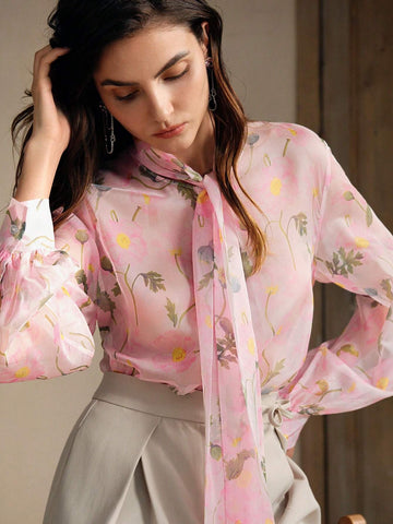 Anewsta Women's Casual Outing Pink Floral Lantern Sleeve Top With Tie Front