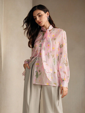Anewsta Women's Casual Outing Pink Floral Lantern Sleeve Top With Tie Front