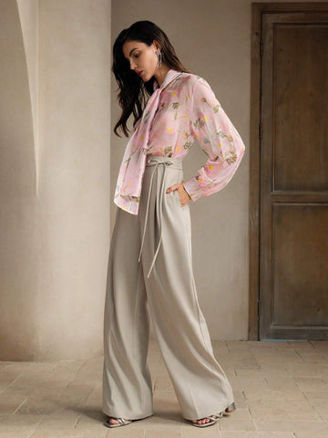 Anewsta Women's Casual Outing Pink Floral Lantern Sleeve Top With Tie Front