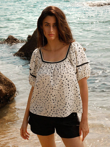 Anewsta Women's Casual Puff Sleeve Ditsy Floral Shirt For Spring And Summer