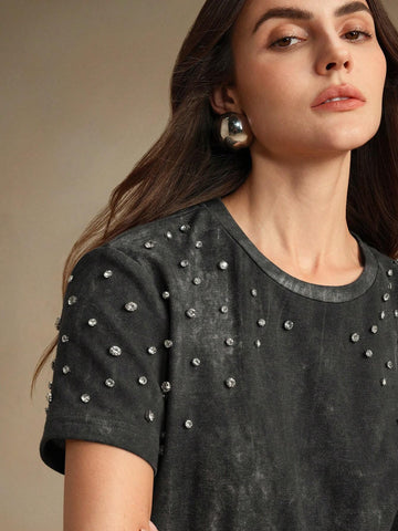 Women's Casual Tie Dye Distressed Black & Grey T-Shirt