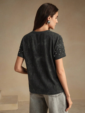 Women's Casual Tie Dye Distressed Black & Grey T-Shirt