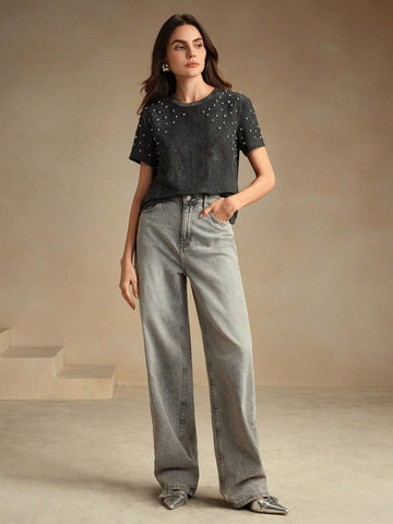 Women's Casual Tie Dye Distressed Black & Grey T-Shirt