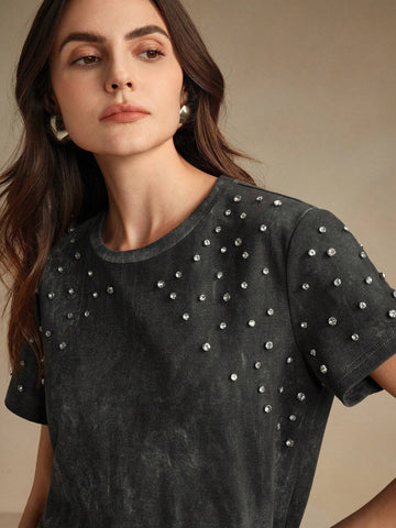 Women's Casual Tie Dye Distressed Black & Grey T-Shirt