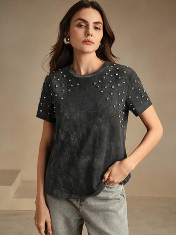 Women's Casual Tie Dye Distressed Black & Grey T-Shirt