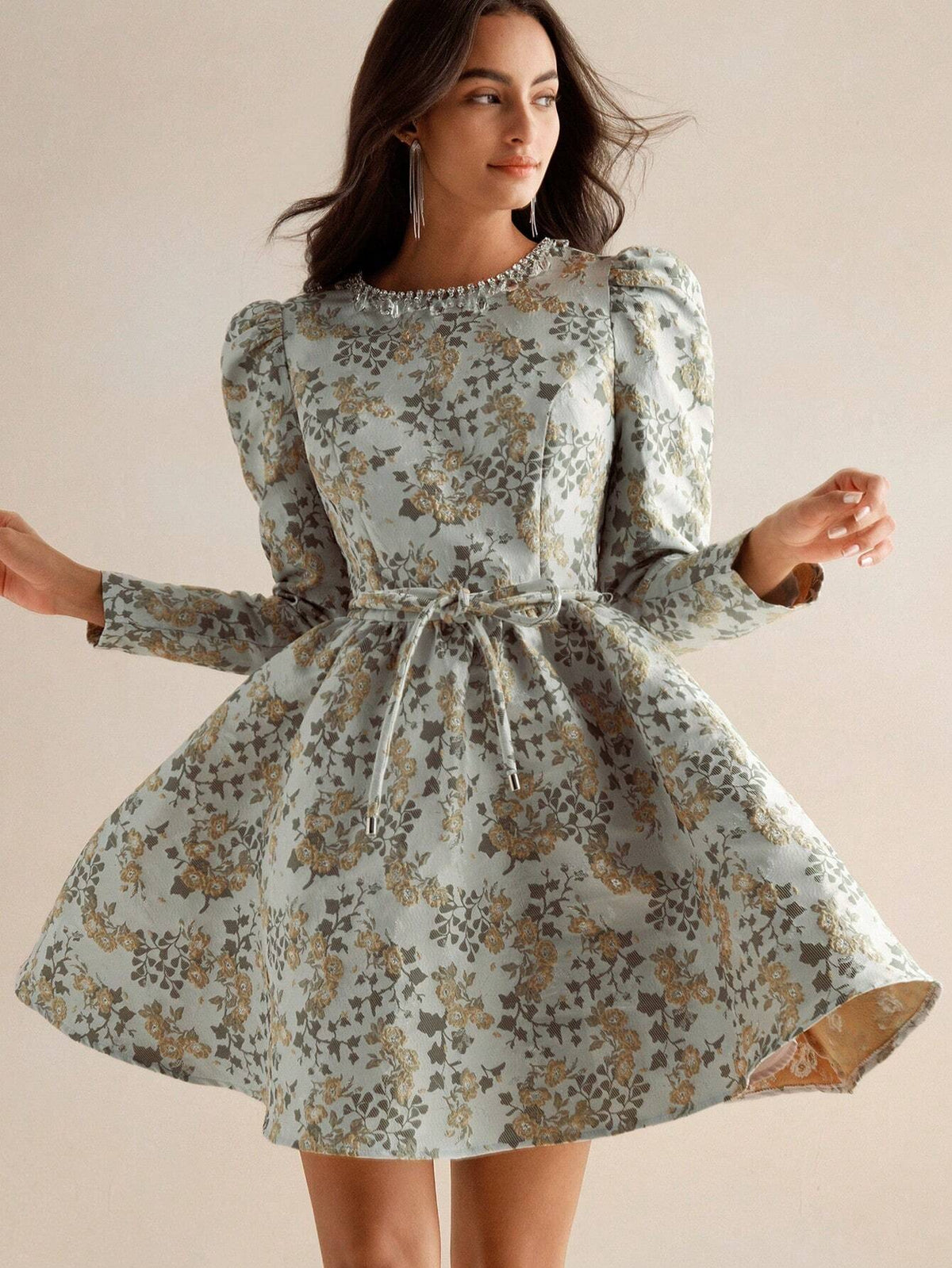 Anewsta Women's Cinched Waist A-Line Long Sleeve Mini Dress