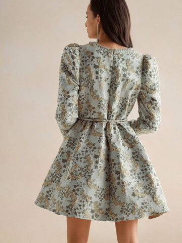 Anewsta Women's Cinched Waist A-Line Long Sleeve Mini Dress