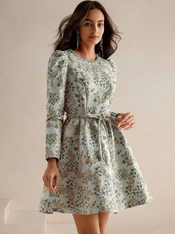 Anewsta Women's Cinched Waist A-Line Long Sleeve Mini Dress