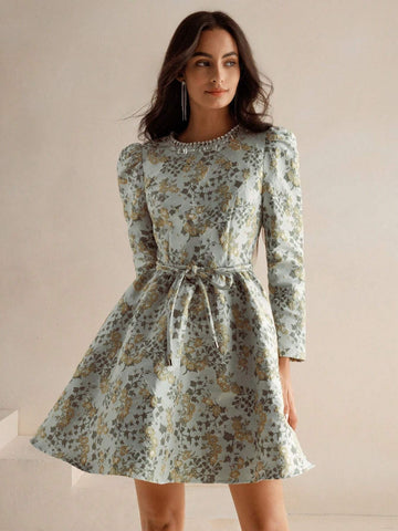 Anewsta Women's Cinched Waist A-Line Long Sleeve Mini Dress