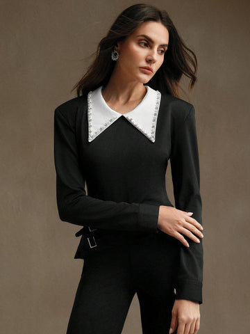 Women's Contrast Color Rhinestone Decor Turndown Collar Slim Fit Elastic Tee, Spring Summer