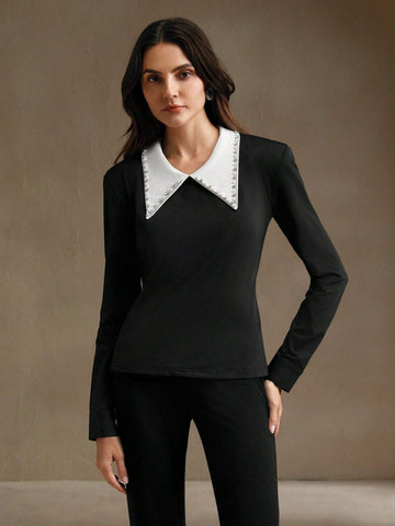Women's Contrast Color Rhinestone Decor Turndown Collar Slim Fit Elastic Tee, Spring Summer
