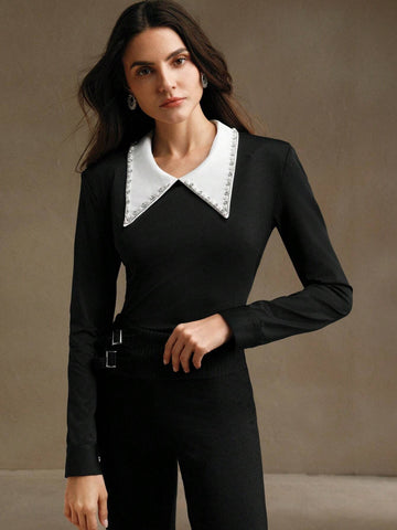 Women's Contrast Color Rhinestone Decor Turndown Collar Slim Fit Elastic Tee, Spring Summer