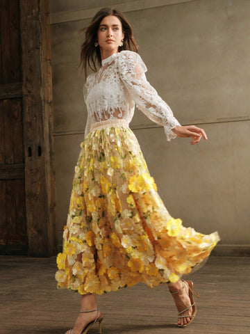 Anewsta Women's Elastic Waist Elegant Flared Embroidered Skirt