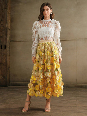 Anewsta Women's Elastic Waist Elegant Flared Embroidered Skirt