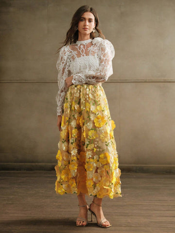 Anewsta Women's Elastic Waist Elegant Flared Embroidered Skirt