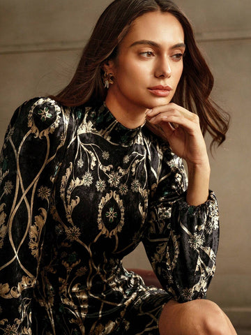 Anewsta Women's Elegant Floral Embossed Lantern Sleeve Stand Collar Dress