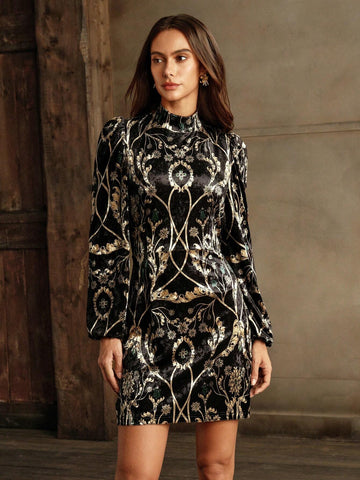 Anewsta Women's Elegant Floral Embossed Lantern Sleeve Stand Collar Dress