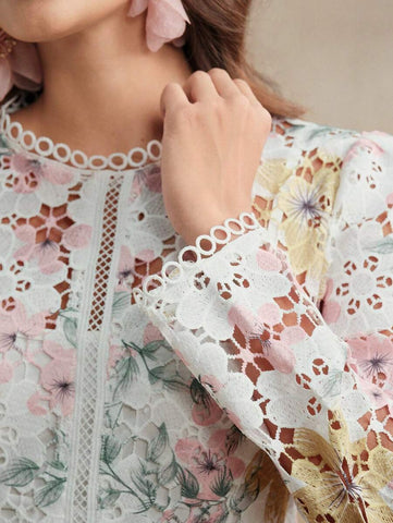 Anewsta Women's Elegant Floral Print Long Sleeve Lace Dress, High-End French Style Floral Dress, Beach, Spring Outfits For Women