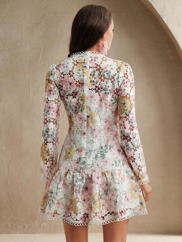 Anewsta Women's Elegant Floral Print Long Sleeve Lace Dress, High-End French Style Floral Dress, Beach, Spring Outfits For Women