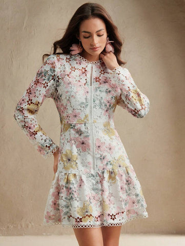 Anewsta Women's Elegant Floral Print Long Sleeve Lace Dress, High-End French Style Floral Dress, Beach, Spring Outfits For Women