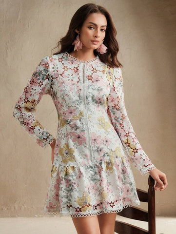 Anewsta Women's Elegant Floral Print Long Sleeve Lace Dress, High-End French Style Floral Dress, Beach, Spring Outfits For Women