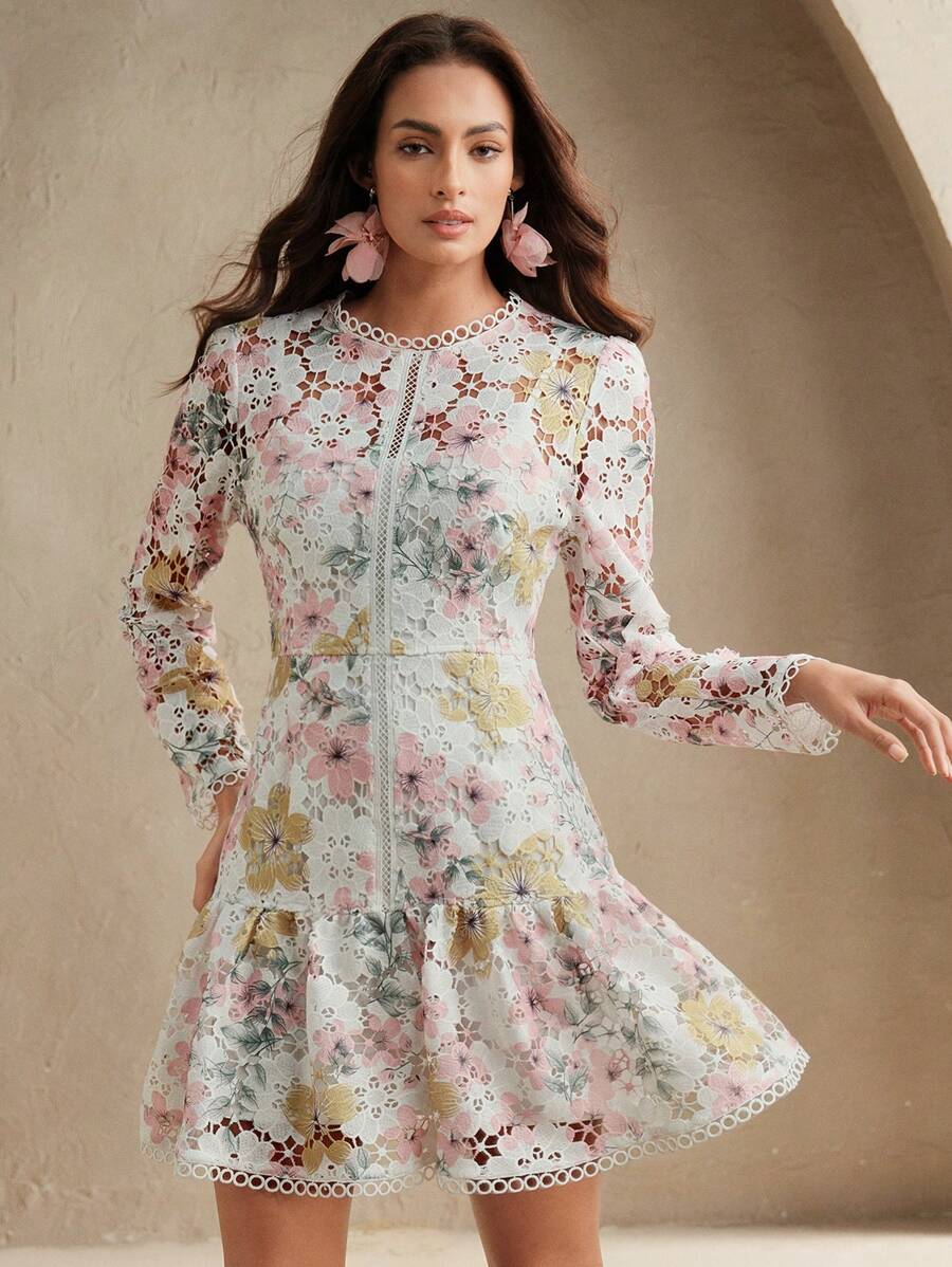 Anewsta Women's Elegant Floral Print Long Sleeve Lace Dress, High-End French Style Floral Dress, Beach, Spring Outfits For Women