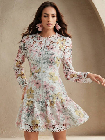 Anewsta Women's Elegant Floral Print Long Sleeve Lace Dress, High-End French Style Floral Dress, Beach, Spring Outfits For Women