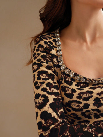 Anewsta Women's Elegant Leopard Ombre Square Neck Rhinestone Mini Dress