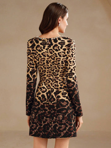 Anewsta Women's Elegant Leopard Ombre Square Neck Rhinestone Mini Dress