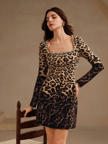 Anewsta Women's Elegant Leopard Ombre Square Neck Rhinestone Mini Dress