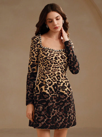 Anewsta Women's Elegant Leopard Ombre Square Neck Rhinestone Mini Dress