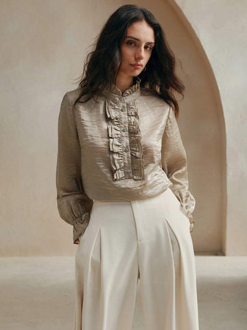 Anewsta Women's Elegant Multi-Layer Ruffle Trim Mauve Color Long Sleeve Blouse