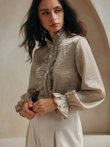 Anewsta Women's Elegant Multi-Layer Ruffle Trim Mauve Color Long Sleeve Blouse