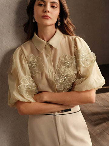 Anewsta Women's Elegant Puff Sleeve Decorative Flower Mallard Color Blouse