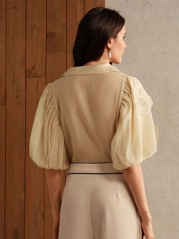 Anewsta Women's Elegant Puff Sleeve Decorative Flower Mallard Color Blouse