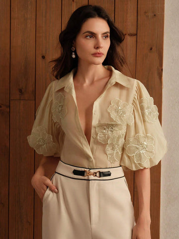 Anewsta Women's Elegant Puff Sleeve Decorative Flower Mallard Color Blouse