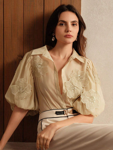 Anewsta Women's Elegant Puff Sleeve Decorative Flower Mallard Color Blouse