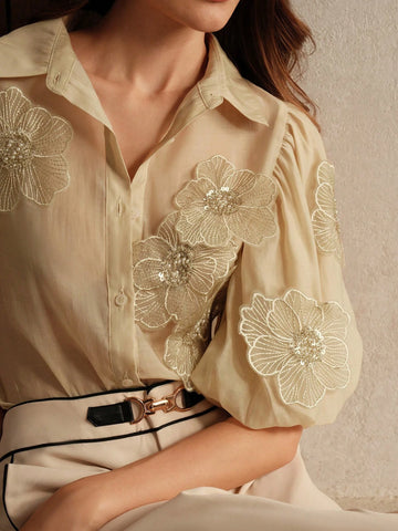 Anewsta Women's Elegant Puff Sleeve Decorative Flower Mallard Color Blouse