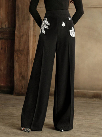 Anewsta Women's Elegant Rhinestone Embellished Wide Leg Dress Pants